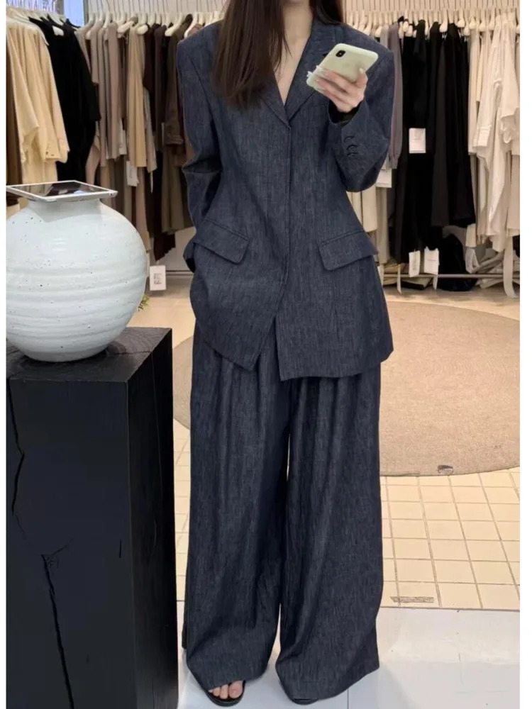 KWTX Summer Denim Linen Blazer Pants Set Womens Two Piece Outfit Hidden Button Office Chic Wide Leg Suit Spring Streetwear 250603