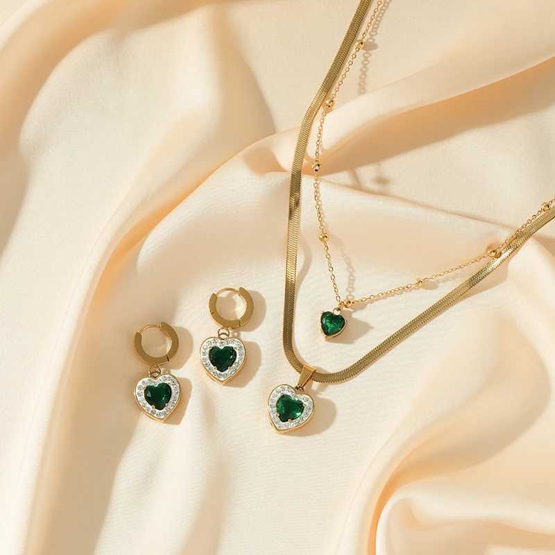 EILIECK 316L Stainless Steel Heart Shaped Green Zircon Pendant Necklace Earrings For Women Girl Fashion Waterproof Jewelry Set Z250607