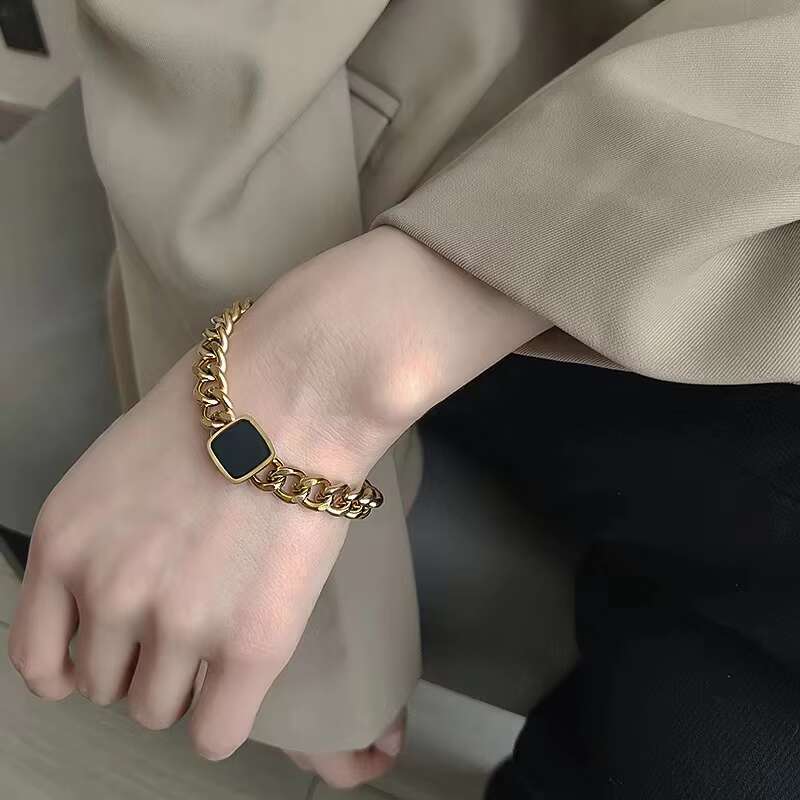 Stylish and Simple Personality 18K Gold Little Black Brand Necklace Set Punk Cuban Stainless Steel Bracelet