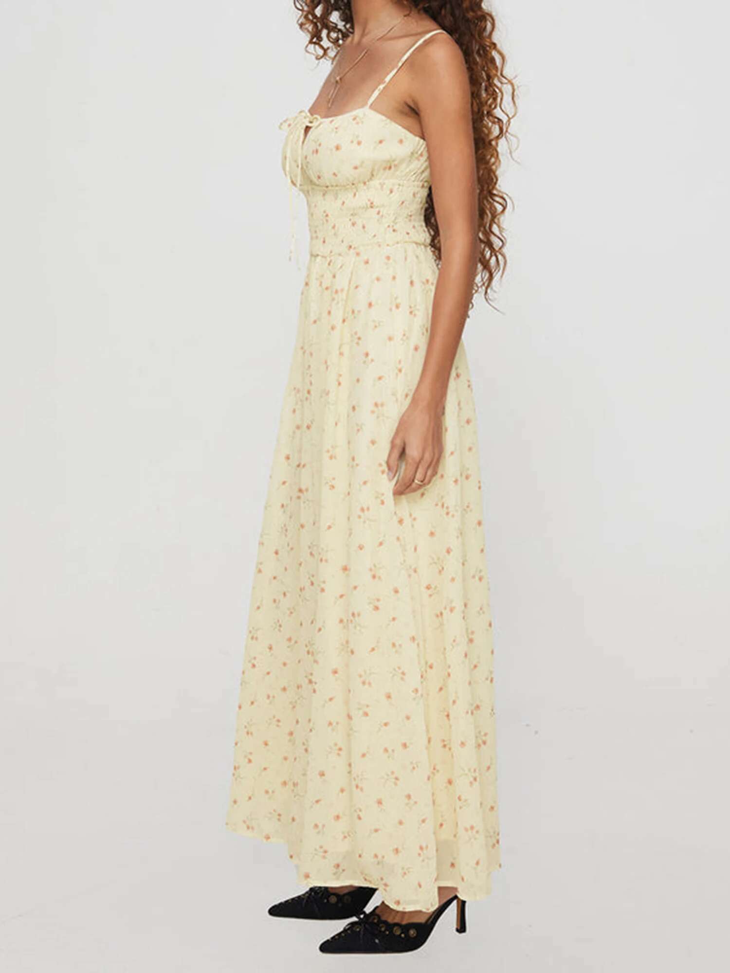 Elegant V-neck Maxi Dress Sleeveless Ruffle Hem Floral Print Dress for Wedding Guest Beach Party Evening Gown