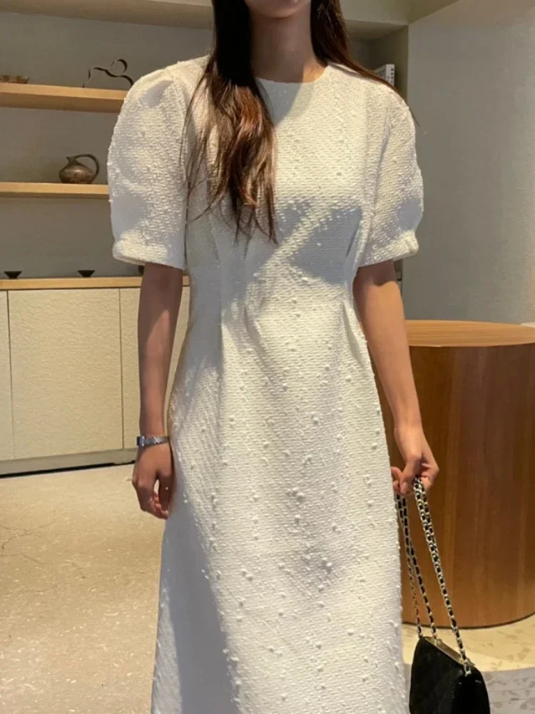 Woherb Women Short Puff Sleeve Tweed Dress Summer Casual All Match One Piece Dresses Korean Chic Vintage Robe Loose Dresses 250603