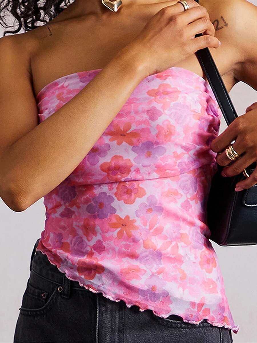 Floral Print Off-shoulder Bandeau Backless Shirts Women Asymmetrical Tube Tops Summer Lettuce Trim - Stylish and Chic Summer