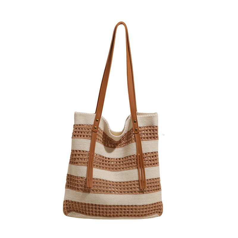 designer New Tote Bag Niche Design Color-blocking Striped Knit Bag Simple Hollow Handbag Shoulder Bag for Women