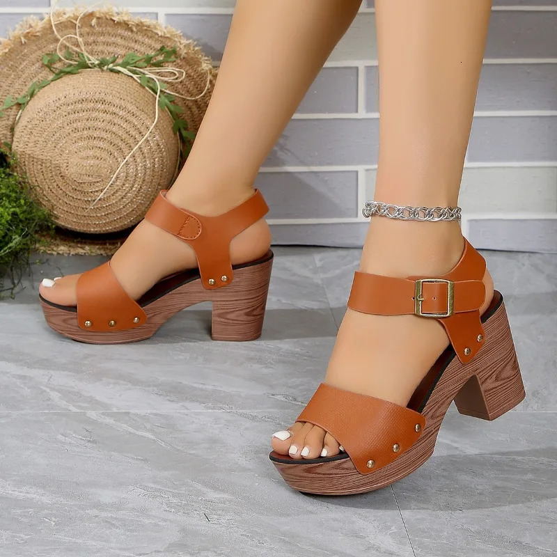 2024 Summer Women Sandals Square High Heel Platform Flock Casual Rivet Pumps Peep Female Elegant Ladies Shoes Zapatos Mujer 250604