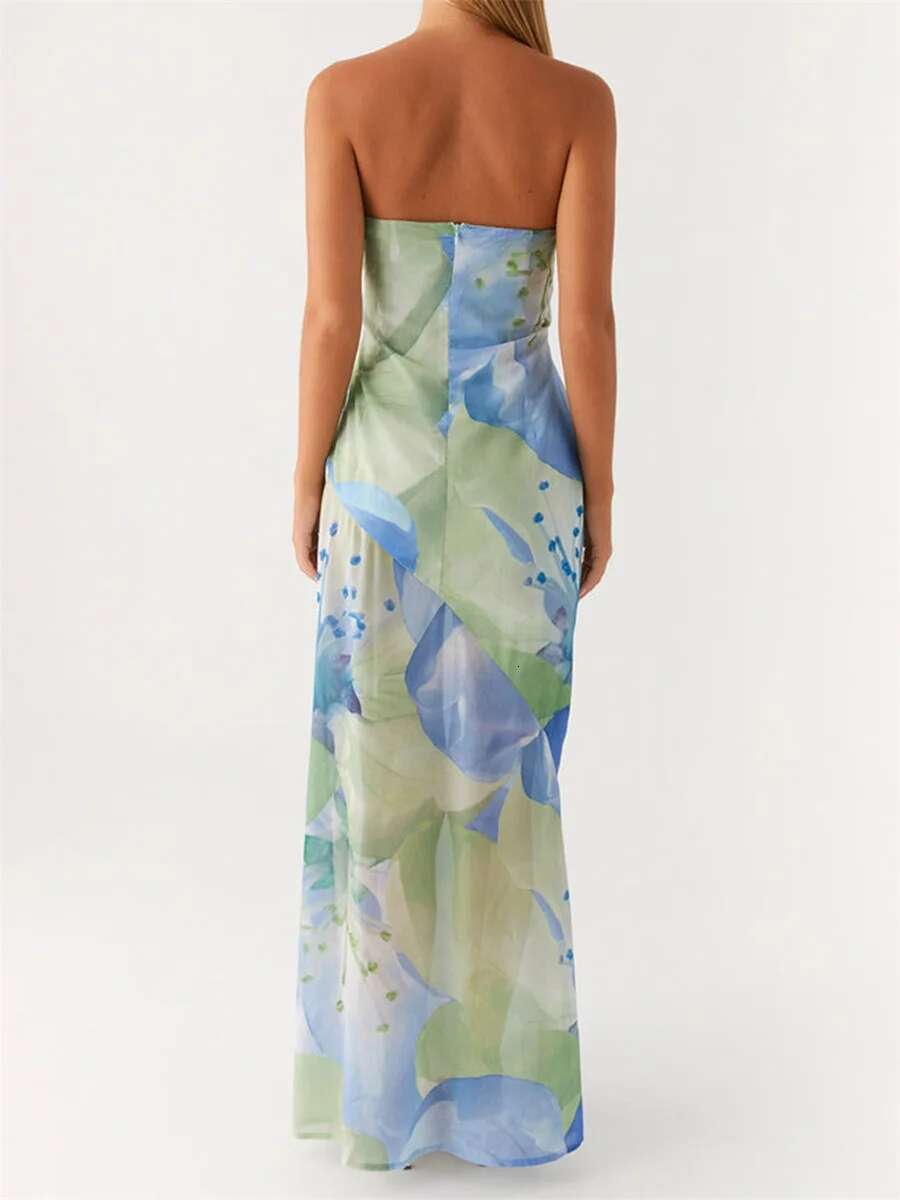 Elegant Maxi Dress with Boho Floral Print and Sexy High Slit Stylish Backless Strapless Tube Dress for Summer Beach Party