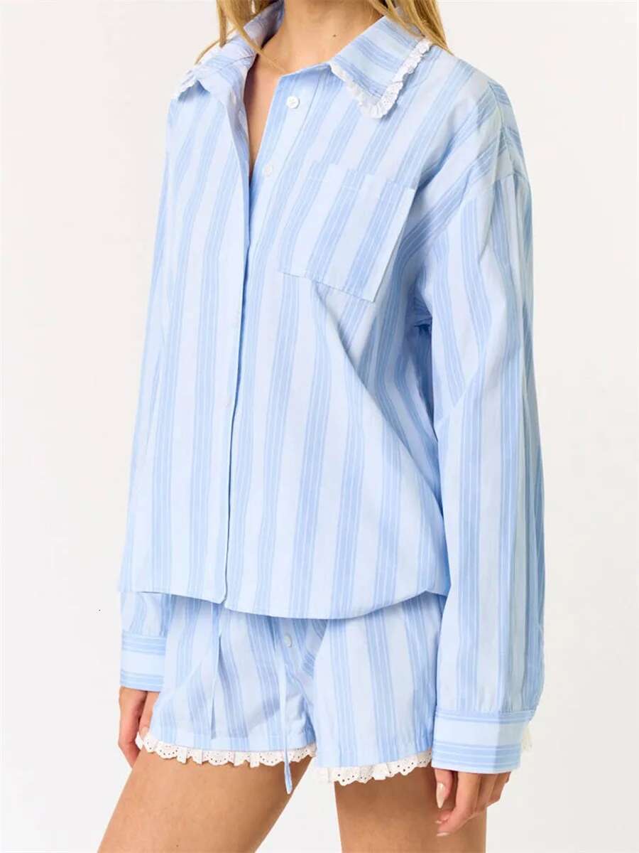 Womens Stylish 2 Piece Ensemble Featuring Long Sleeve Lace Trim Top and Coordinating Shorts for Effortless Summer Style