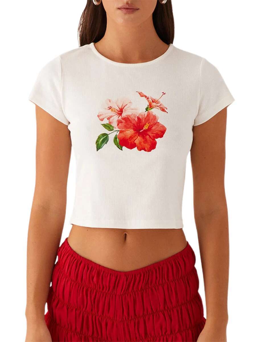 Womens Casual Floral Print Short Sleeve Crop Top Round Neck Fit T-shirt for Summer Beach Vacation