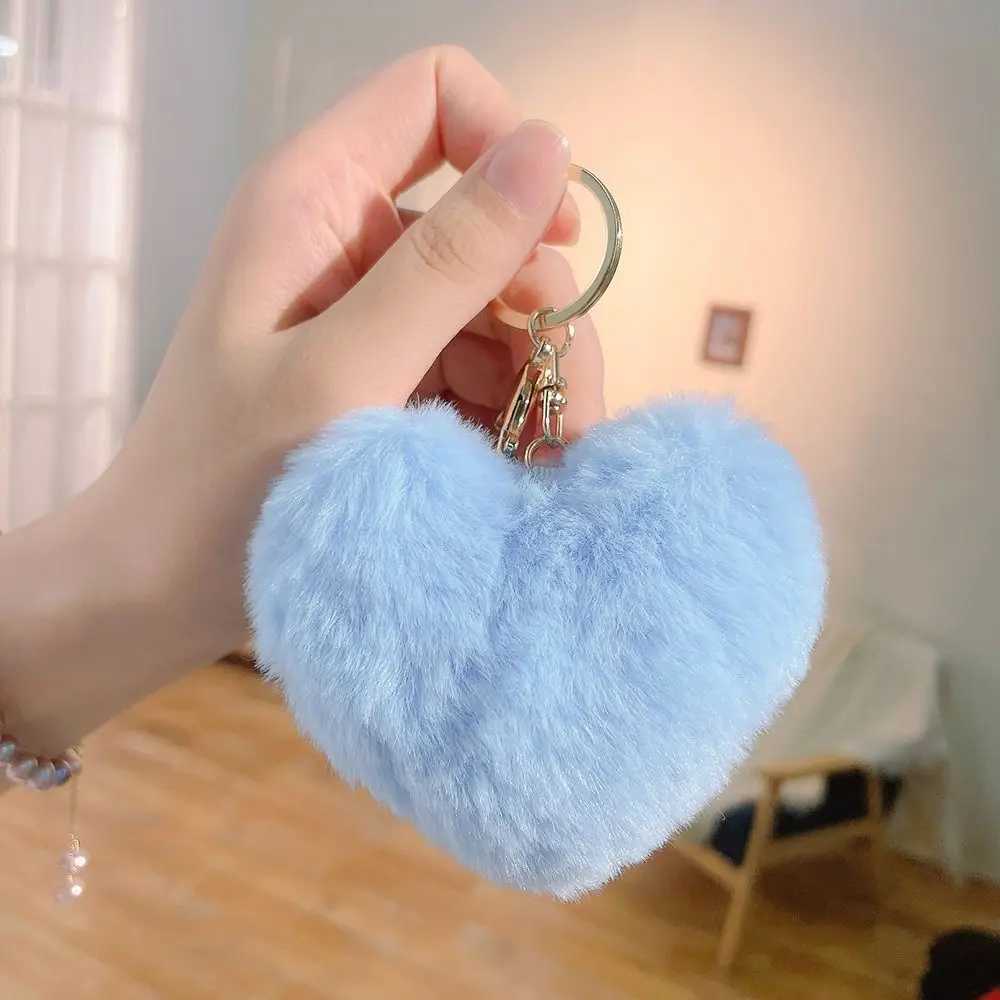 Fashion Love Heart Plush Bag Pendant Fluffy Ball Imitation Rabbit Fur Key Chain Bag Accessories Solid Color Car Key Ring XJ250607