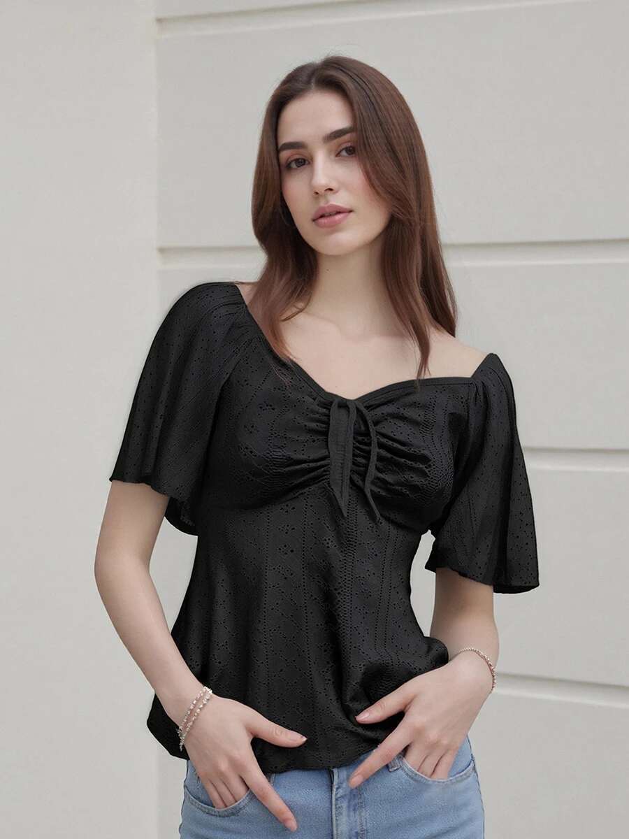 Women Plus Size Tops Casual Short Sleeve Blouses Solid Color V-neck Hollow-out Drawstring Tie-up Front Summer Shirt Feminine