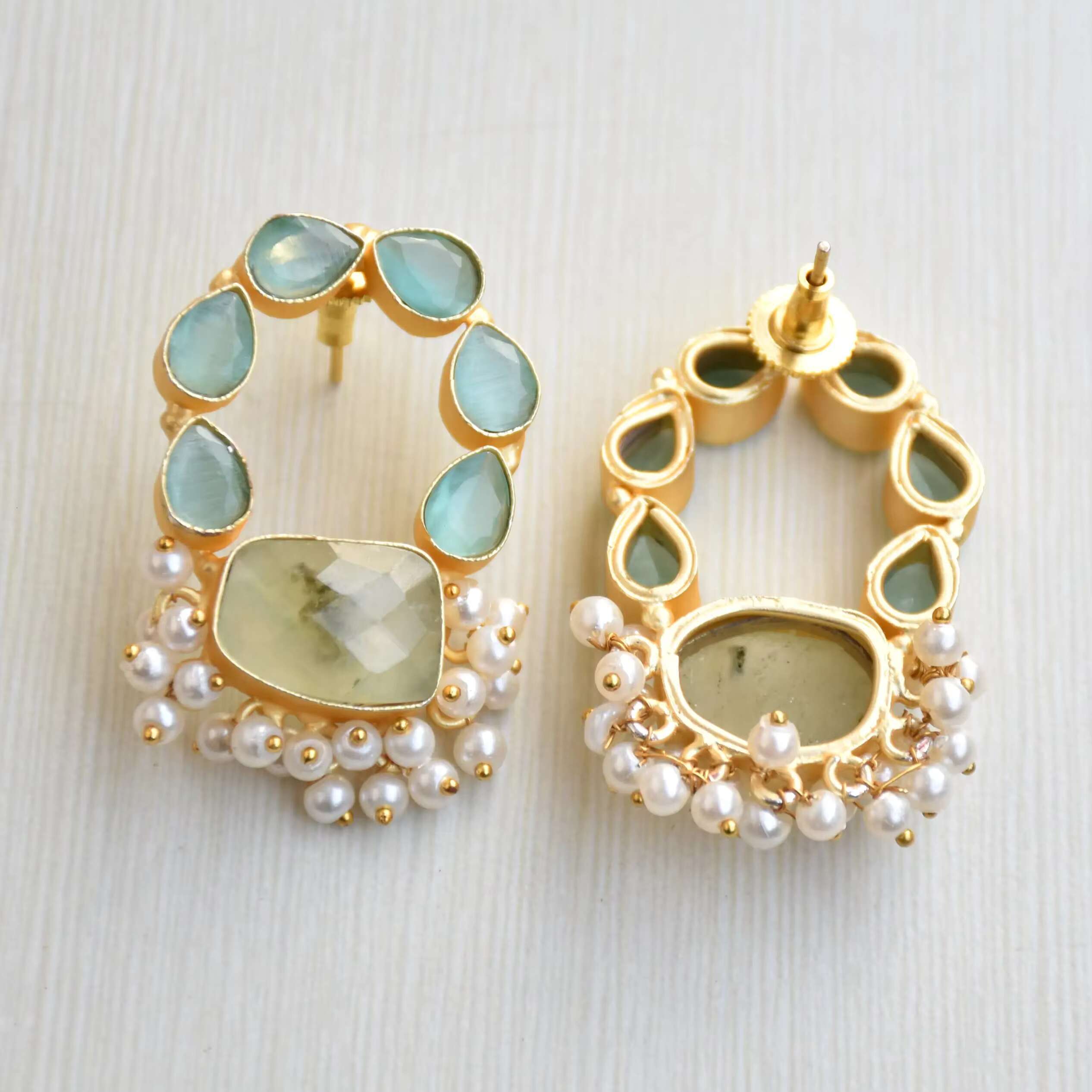Handmade Womens Trendy Earrings Gold Plated Brass Jewelry With Semi-Precious Stones Natural Crystal Unique Stud Earrings Design