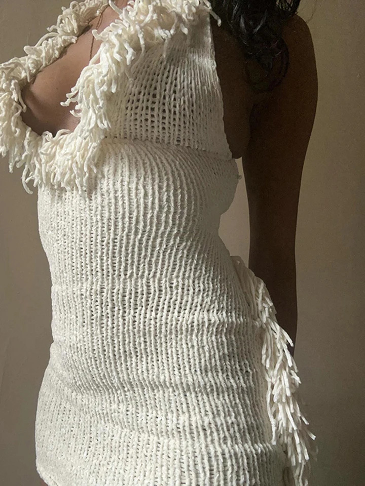 Weird Puss Crochet Halter Dress Women Low-Neck Bandage Backless Stretch Tassel Skinny Sleeveless Street Elegant Mini Bodycon 250605