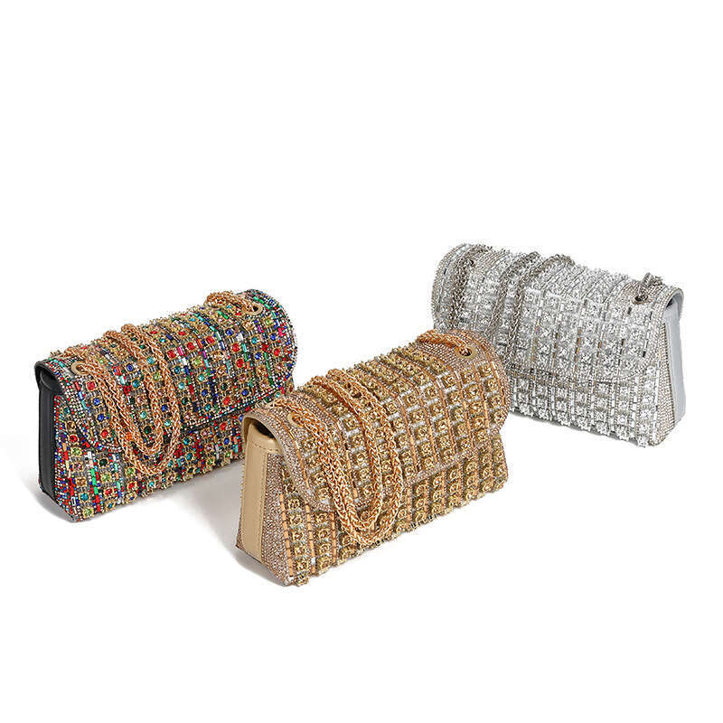 New Full Evening High-end Sparkling Diamond Chain Small Square Underarm Shoulder Crossbody Banquet Bag