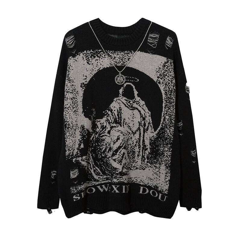 Haruku Priest Saation Printed Knitwears Unisex Streetwear Hip Hop Destroyed Hole Ripped Pullovers Sweater Oversized Men