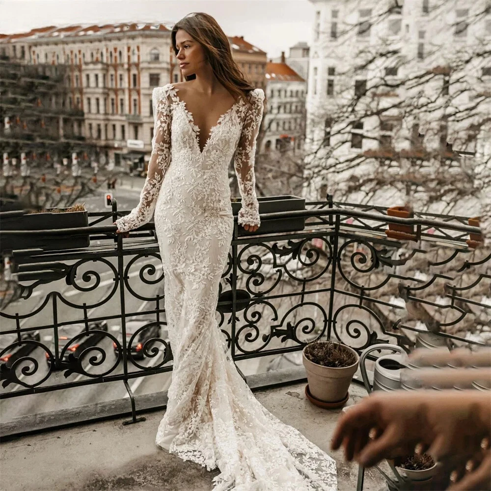 Lace Mermaid Wedding Dresses Long Sleeve Backless Bohemian Bridal Gown 2025 Elegant Beach Bride Wear Custom Made
