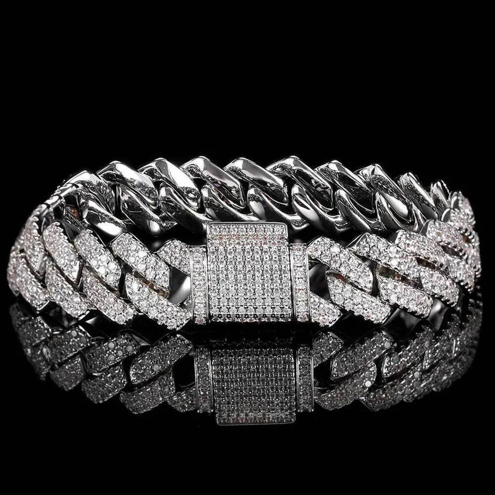 KNOBSPIN D Color Moissanite Bracelet Sterling Sliver Plated with White Gold Dia Cuban Link Chain for Women Man
