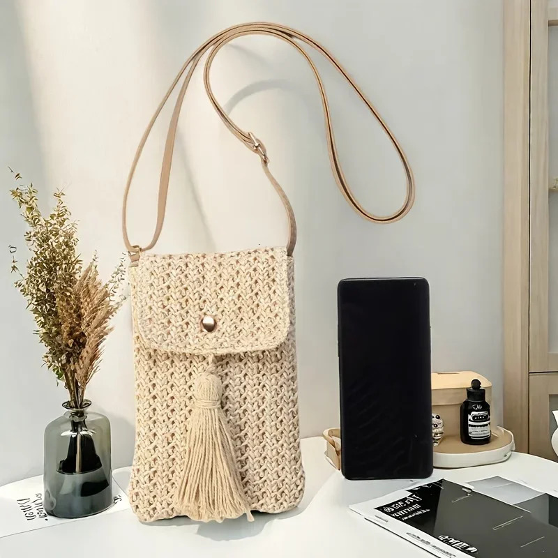 Beachside Mobile Phone Bag and Coin Tassel Woven Womens Mini Shoulder Crossbody Bag Very Suitable for Daily Travel Shoppin 250606