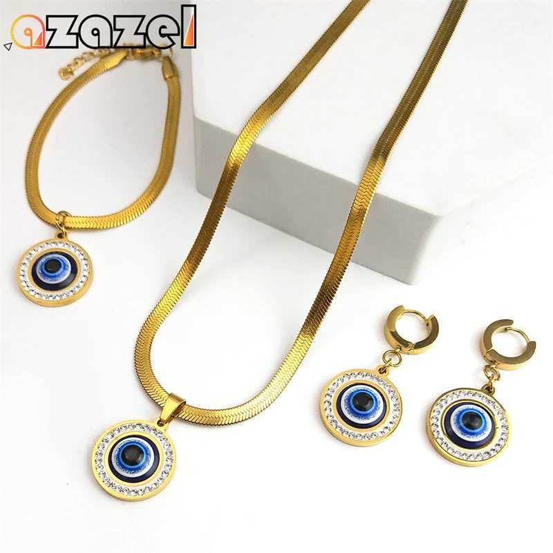 Evil Blue Eye Jewelry Set for Women Stainless Steel Luxury Crystal Magic Turkish Eye Earrings Necklaces Party Daily Wear Z250607