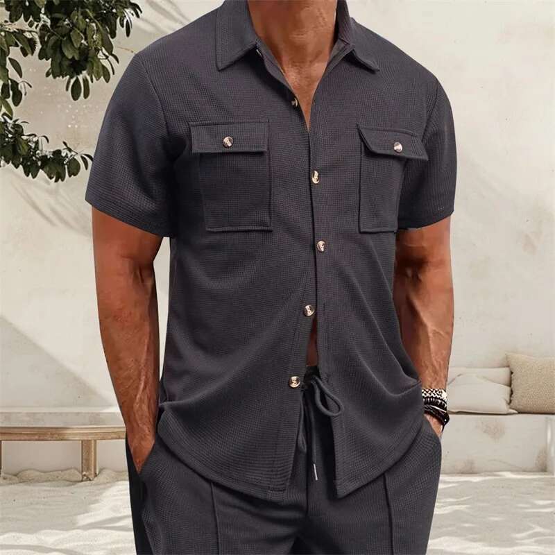 Mens Casual Short Sleeve Button Down Shirt with Turn-down Collar Solid Color Summer Top for Daily Wear and Outings