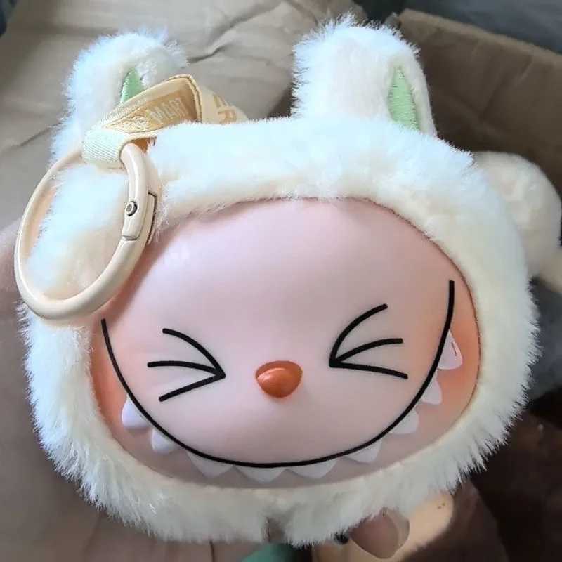 Sitting Labubu Doll Keychain External Implantation Fluff PVC Toy Phone Ornaments Bag Charms Car Keychain Christmas Gifts Z250607