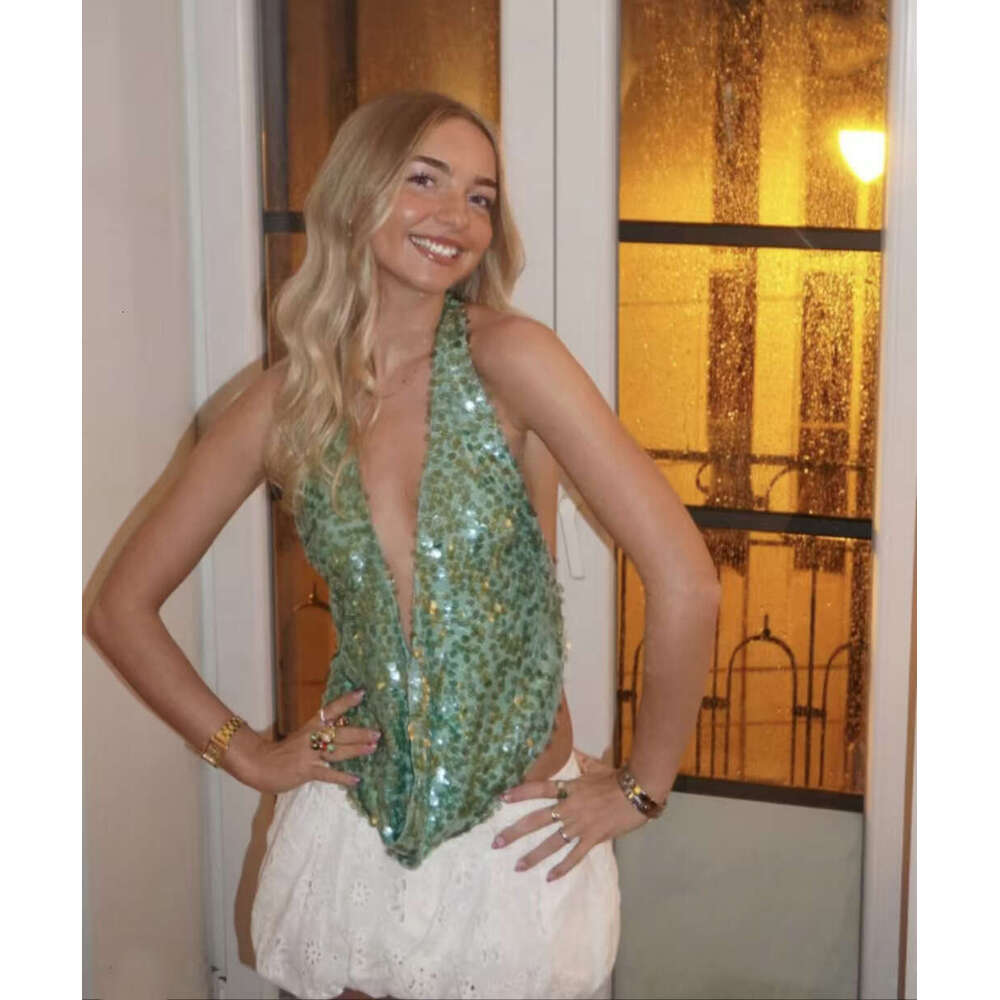 Spring Summer Hot Sale European American Deep V Sequin Halter Sexy Backless Vacation Style Music Festival Party 2025 New Casual Fashion Trendy Clothin