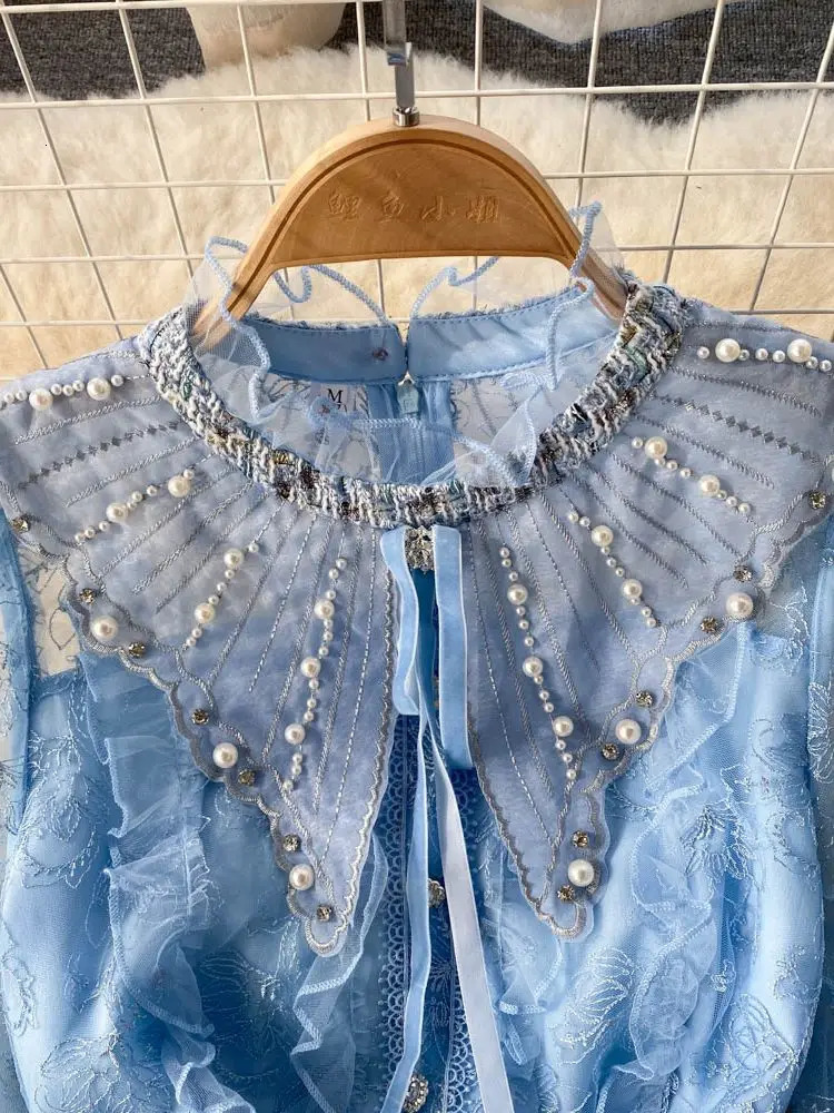 Small Fragrance Embroidery Flower Mesh Stitching Woolen Tweed Plaid Ruffle French Pearls Sweet Girls Fairy Bow Dress 250603