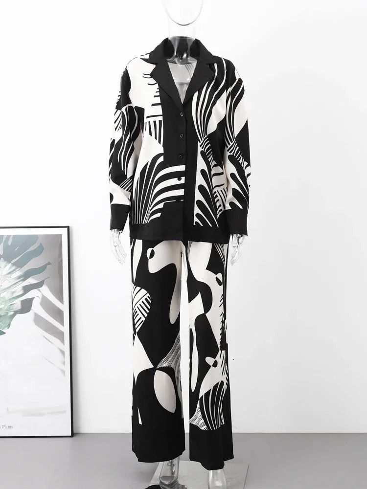 Casual Print Shirt Women 2 Piece Set Elegant Loose Long Sleeve Shirts Wide Leg Pants Female Suit Summer Fashion Lady Outfit 250605