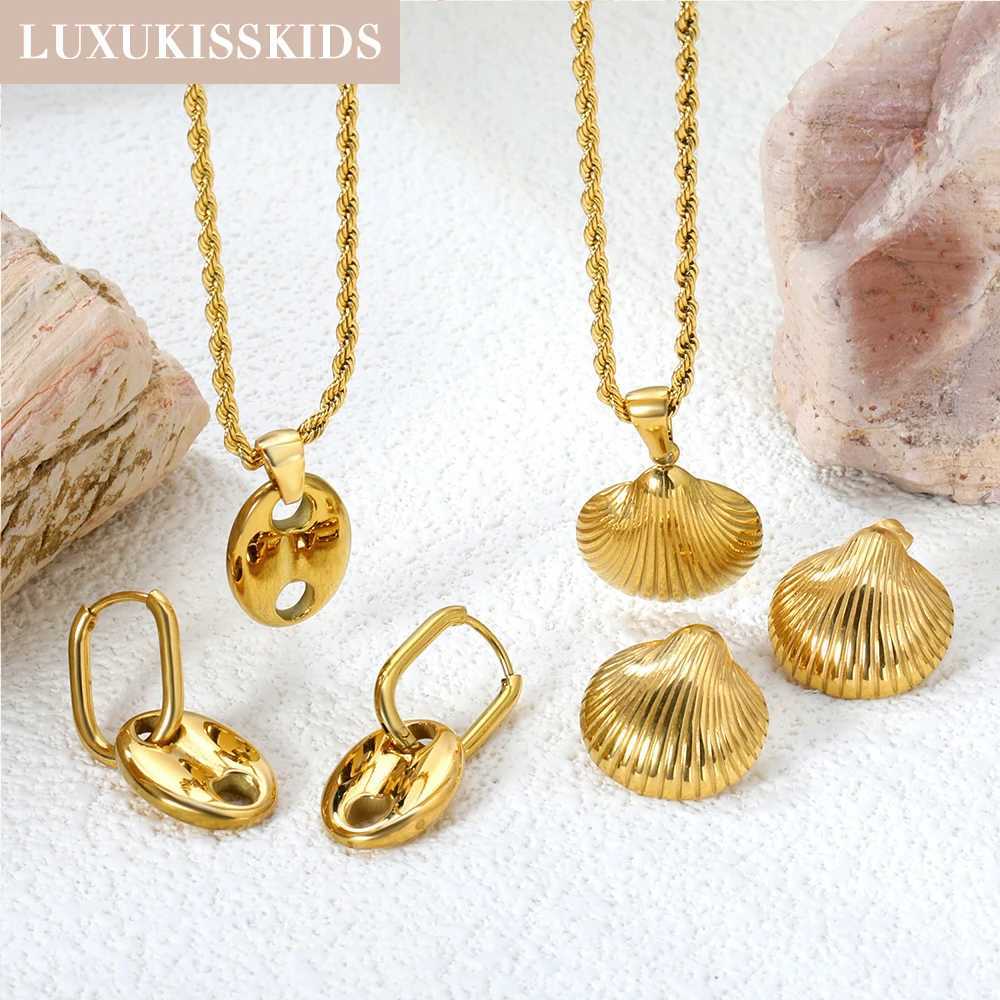 LUXUKISSKIDS Enamel Shell Golden Textured Conch Earrings Necklace s Summer Stylish Steel Woman K Gold Plated Jewelry Set Z250607