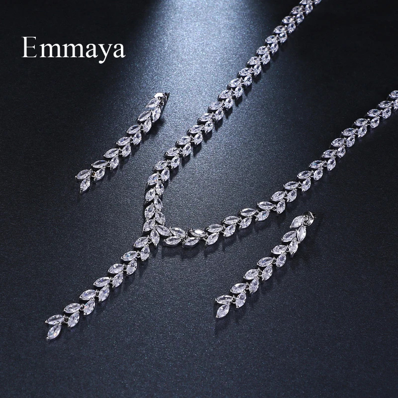 Emmaya Trendy Jewelry Romantic Salix leaf White Gold Color AAA Cubic Zircon Wedding Jewelry Sets For Brides Jewelry Gift 250530