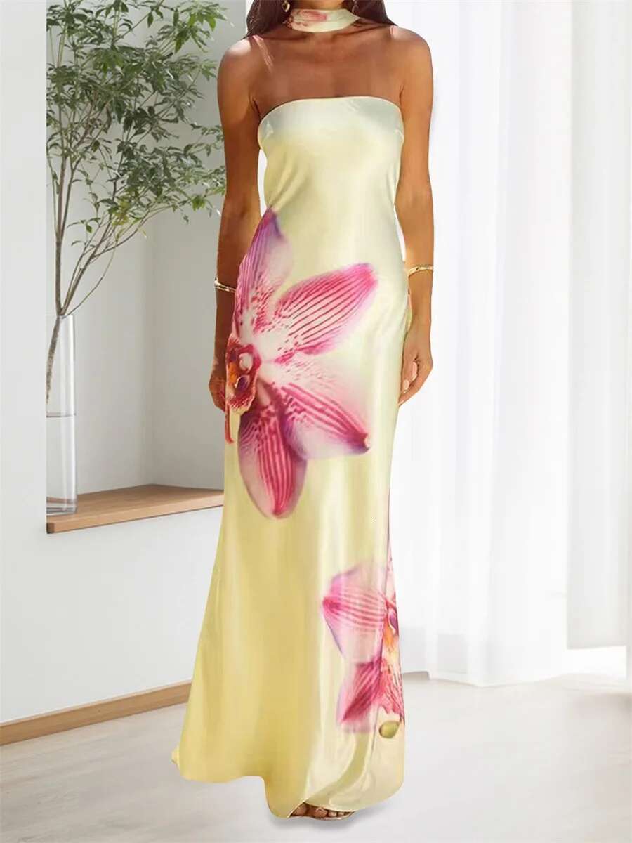 Elegant Off-shoulder Maxi Dress with Floral Print and Matching Shawl Womens Sleeveless Summer Gown for Special Occasions