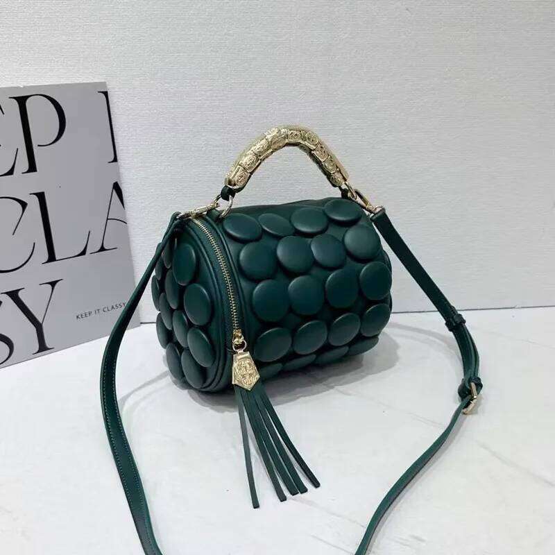 2025 Design Women Retro Button Leather Handbags High-End Round Tube Bucket New Fashion Shoulder Crossbody Bag