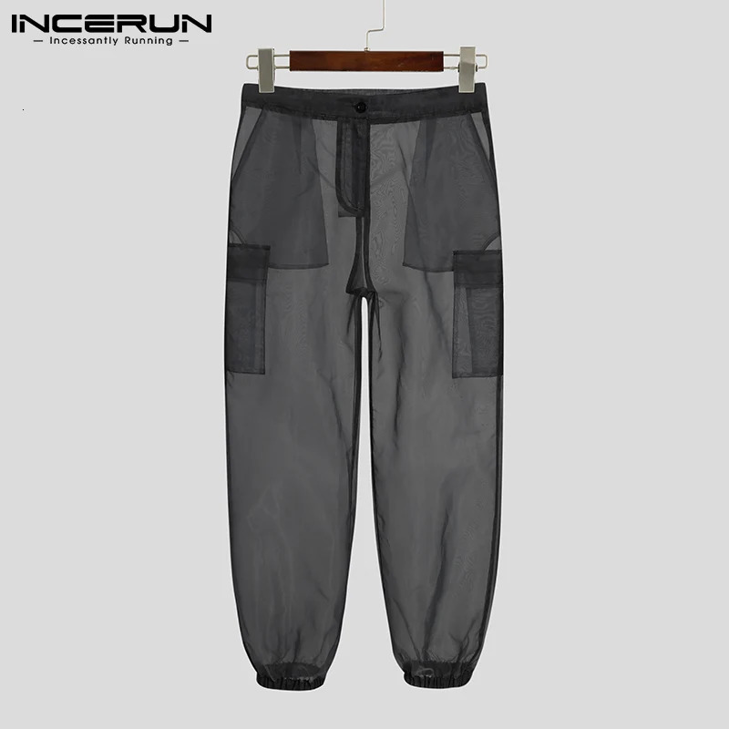INCERUN Men Mesh Sleep Bottoms Lace Transparent Drawstring Sexy Homewear Pockets Breathable Trousers Male Sleep Pants S-5XL 250605