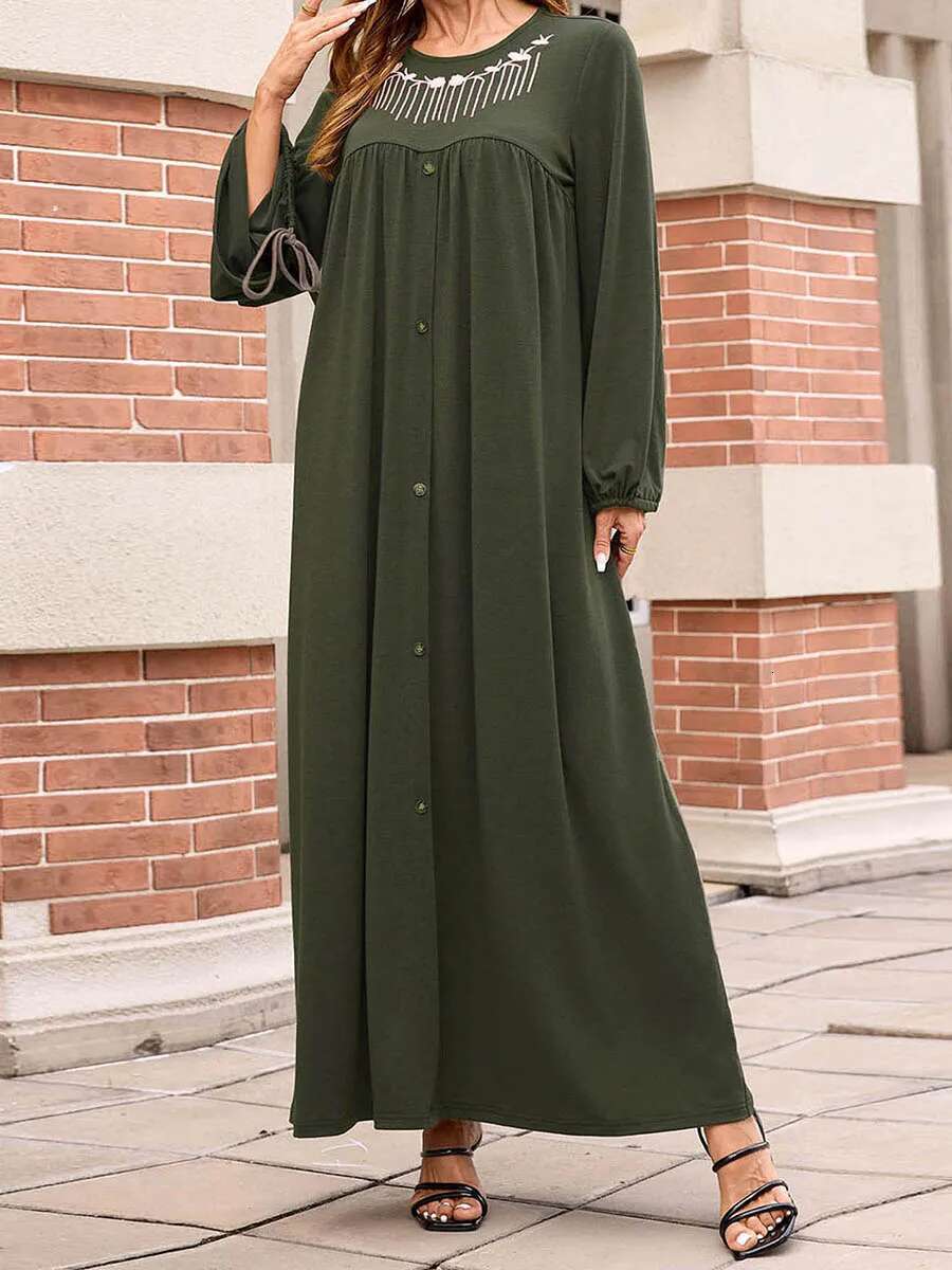 Middle Eastern Style Floral Embroidered Maxi Dress with Tassel Detail and Loose Fit Crew Neck - Long Sleeve Abaya Gown