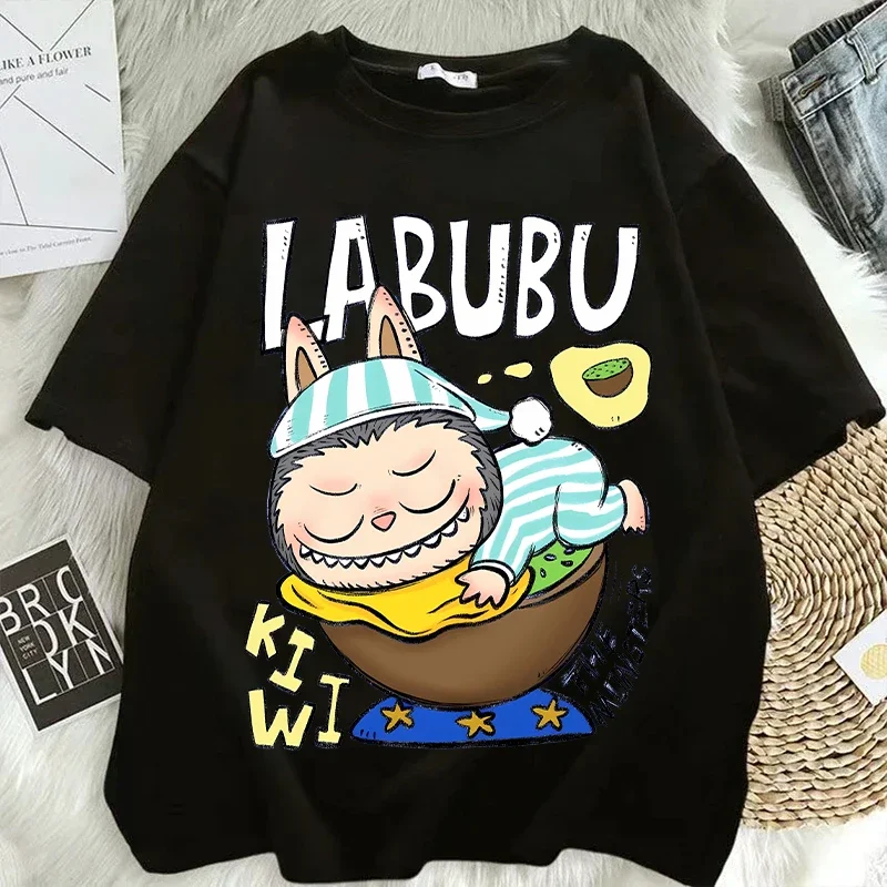 Labubu Designer T-shirts for Women Anime Fashion Short Sleeved 100% Cotton Top Summer Hip Hop Black White T-shirt High Quality Clothes 2025 New