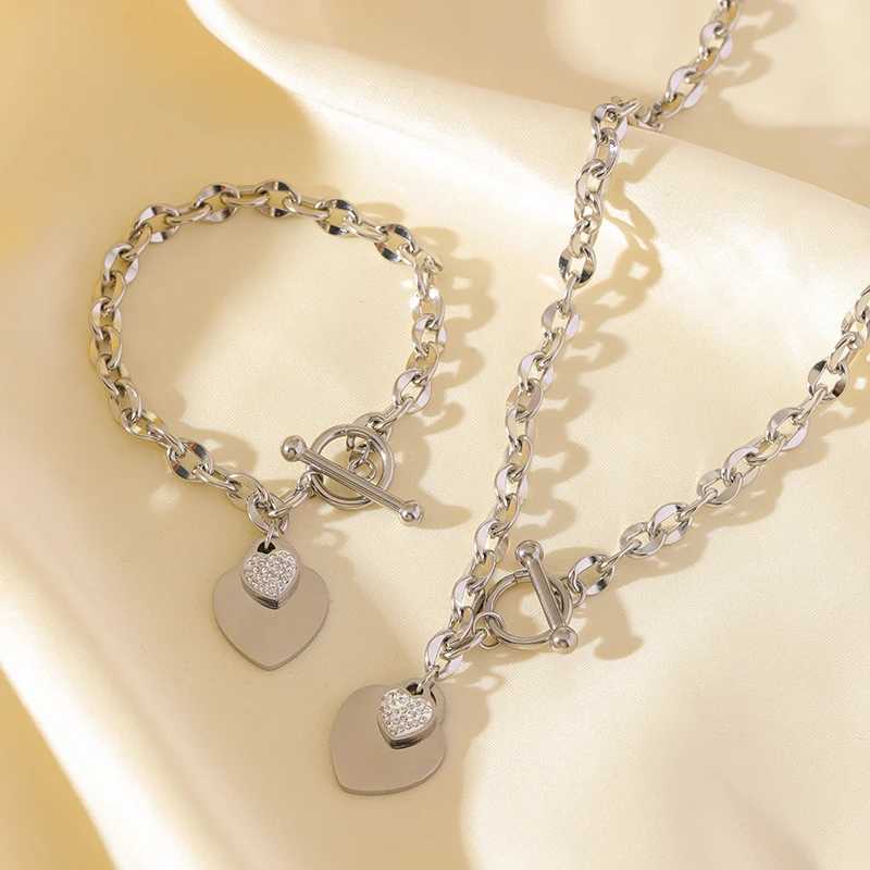 EILIECK New Fashion Stainless Steel Metal Double Heart Necklace Set For Women Waterproof Silver Color Jewelry Gift Z250607