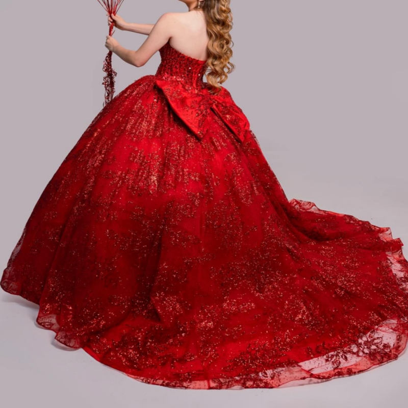 Red Shiny Quinceanera Dresses Ball Gown Off The Shoulder Sequin Applique Lace Beads Tull Sweet 16 Dress Vestidos 15 De Anos