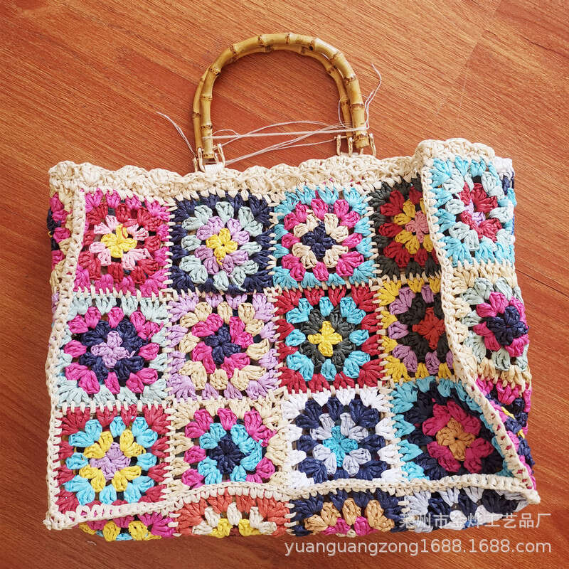 Straw Woven Bag Patchwork Square Cotton Yarn Crochet Handbag Custom Handmade GUHUISHU