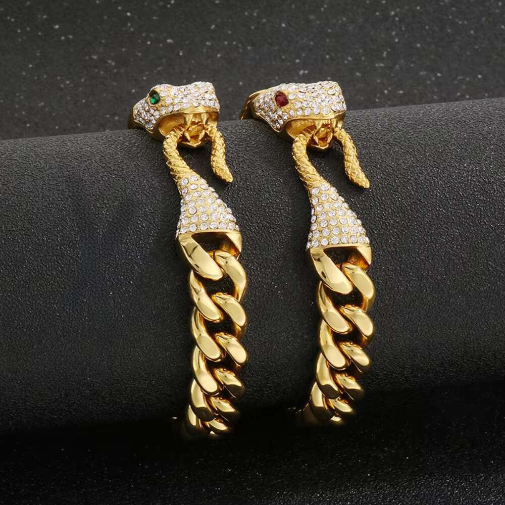 2025 Trendy stainless steel jewelry mens hip-hop Cuban chain bracelet full diamond green/red eye snake head bracelet wholesale