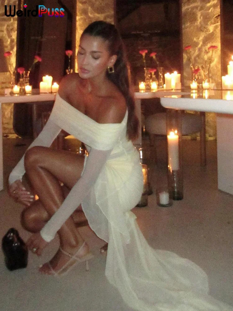 Weird Puss Elegant Sexy Dress Women Slash Neck Irregular Hem Side Tassel Birthday Party Full Sleeve Ruched Mini Bodycon 250605