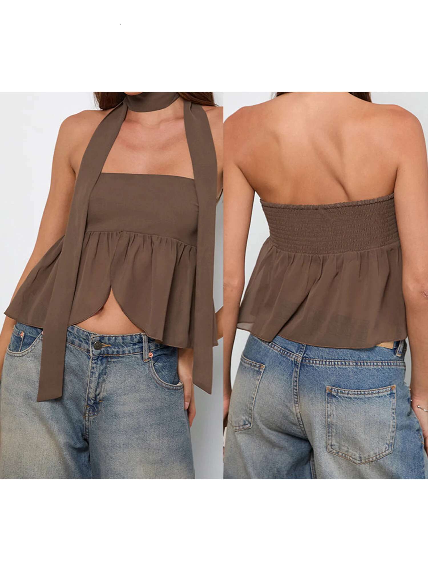 Womens Solid Color Off-shoulder Tube Top with Ruffled Detail and Matching Scarf Set for Chic Summer Street Style Fashion