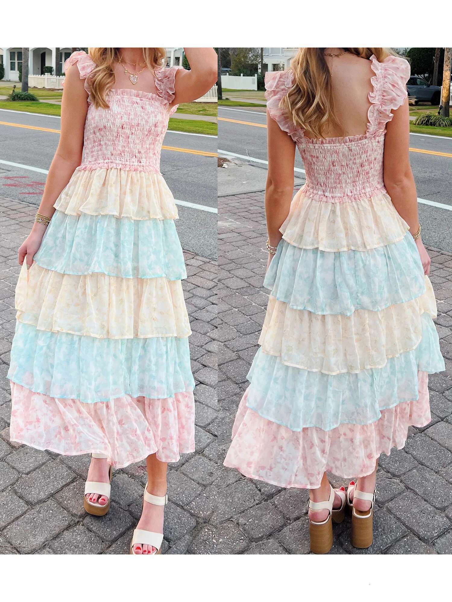 Womens Elegant Floral Print Chiffon Maxi Dress with Spaghetti Straps and A-line Silhouette for Summer Beach Wedding Party