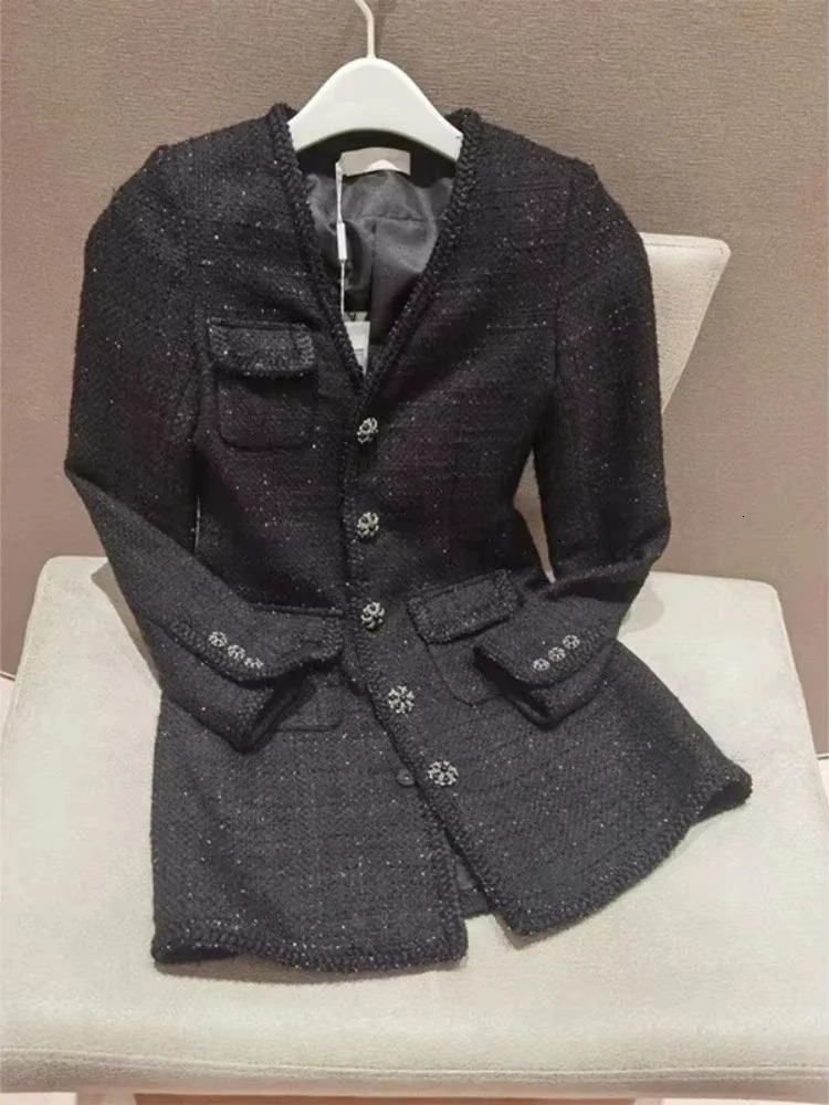 Vintage Tweed Mini Dress Women Elegant V Neck Black Long Sleeve Dresses Korean Single Breasted Bodycon A Line Vestidos 250603