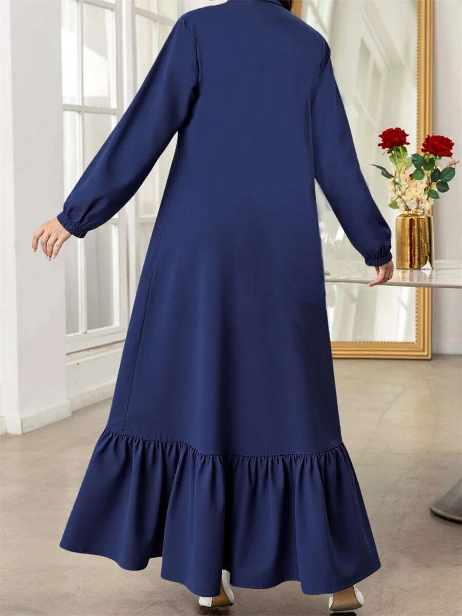 Middle Eastern Style Womens Long Dress with Solid Color and Loose Fit Design Featuring Button Down Front Crew Neck and Long