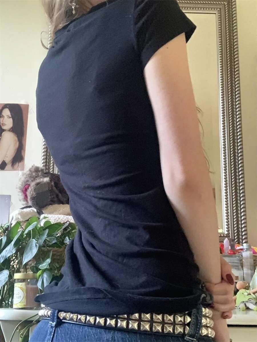 Womens Vintage Grunge Rhinestone Tops with Short Sleeve Round Neck and Wings Print - Stylish T-shirts and Blouses