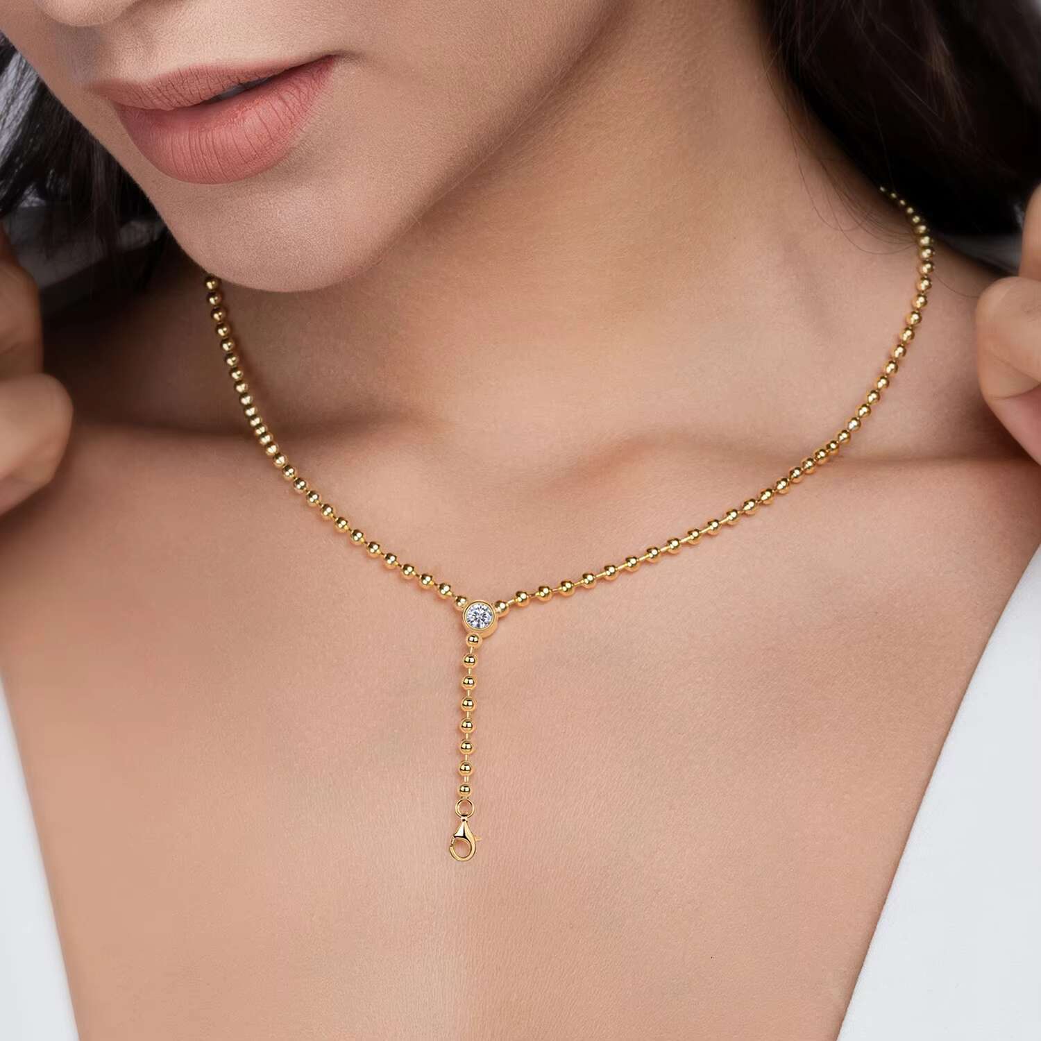 Zanlong 15130 Simple Ins Cool Style Gold Round Bead Chain with Mosan Diamond Pendant Jewelry Long Chain Pendant Necklace