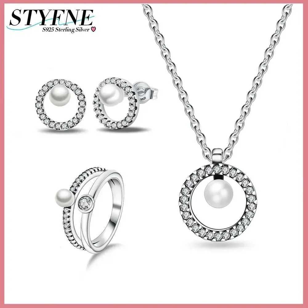 925 Sterling Silver Pearl Pav Halo Stud Collarbone Necklace Earrings Ring Jewelry Set for Women Luxury Boutique Jewelry Gift Z250607