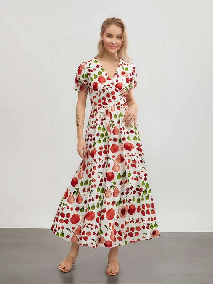 Womens Boho Floral Print Maxi Dress with Short Sleeves and v Neckline Casual Summer Beach Dress with Flowy Fit and Wrap Design