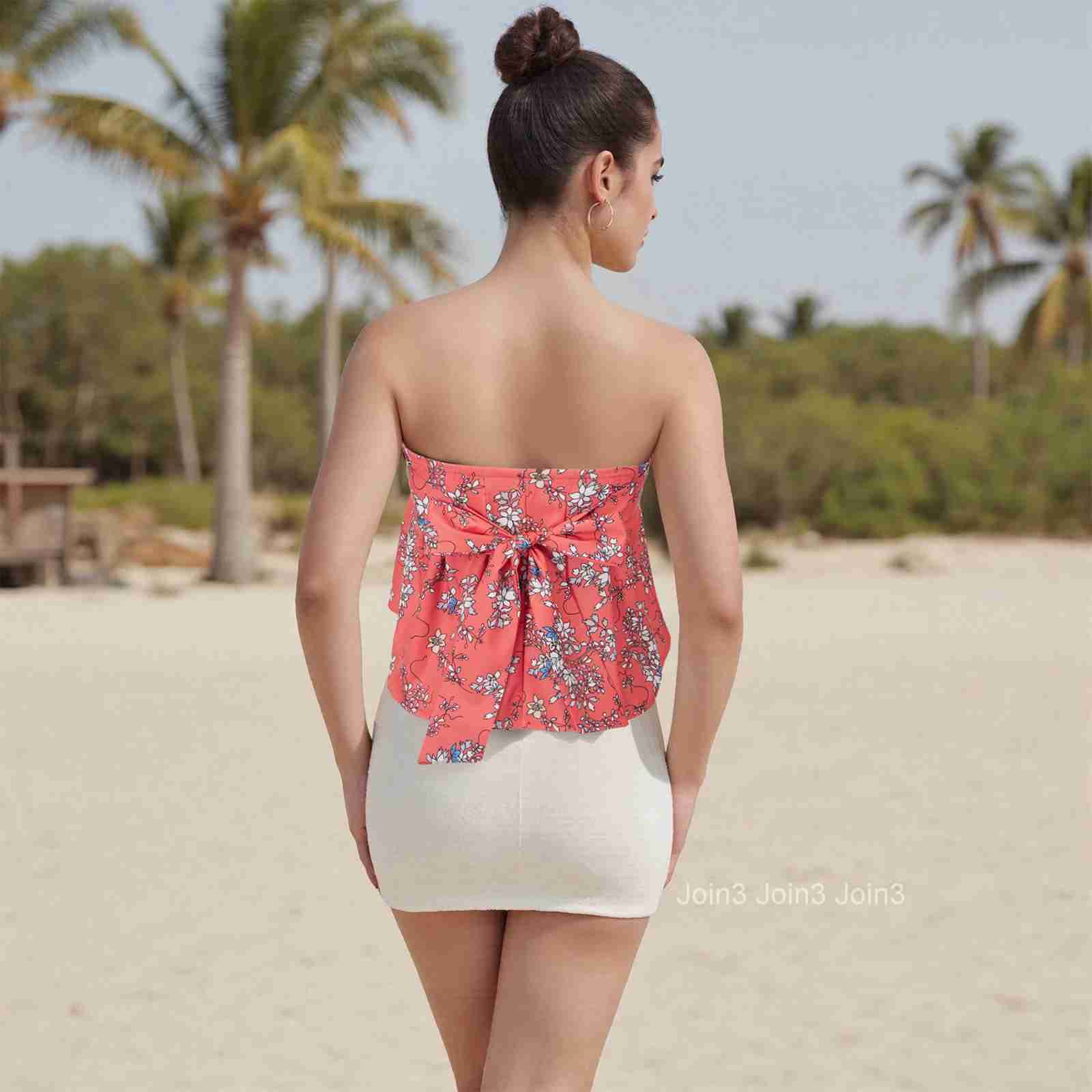 Womens Floral Print Tube Top Sleeveless Off Shoulder Strapless Cropped Bandeau with Ruffle Detail and Smocked Back