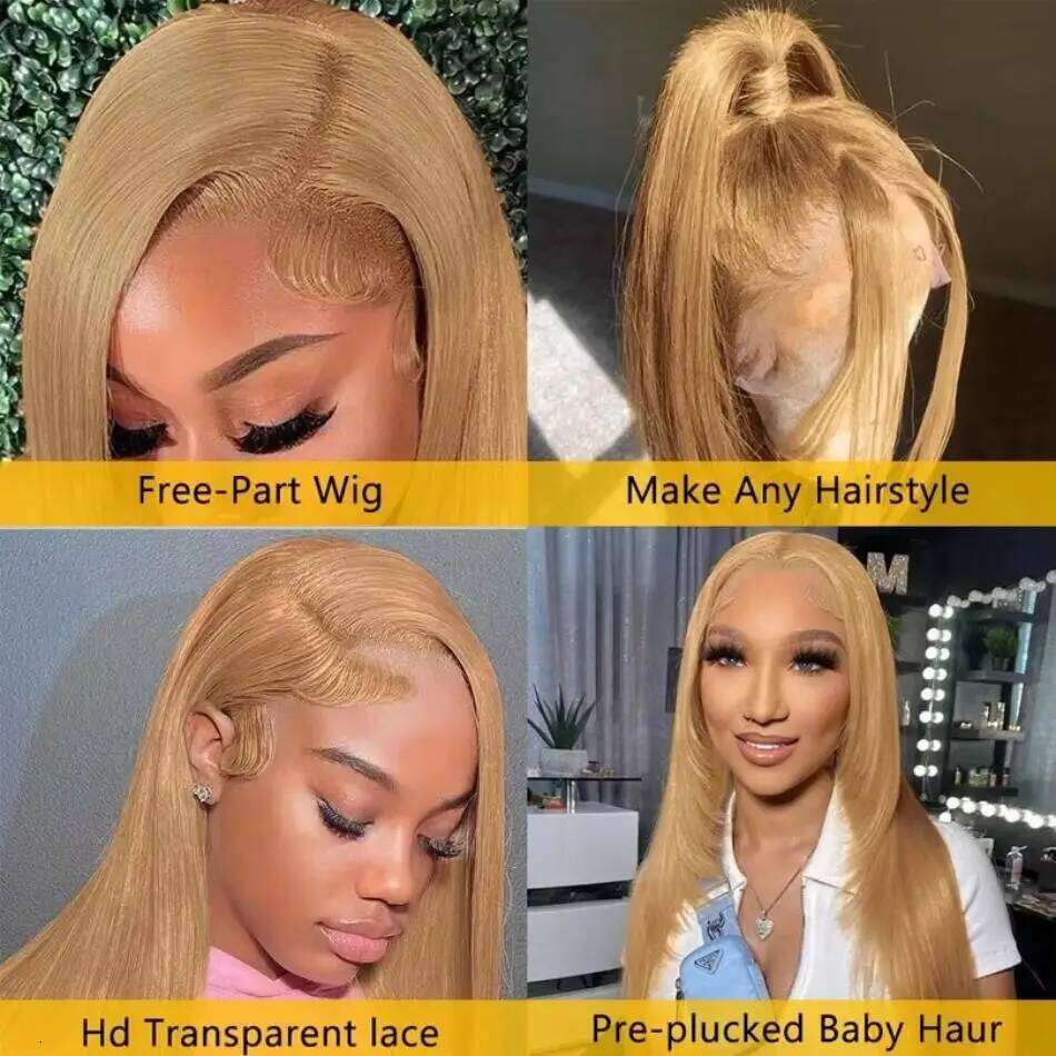 NAMM #27 Honey Blonde Human Hair Straight 13X6 Frontal Preplucked Wig 13x4 30 34 Inch Lace Front Colored Wigs For Women
