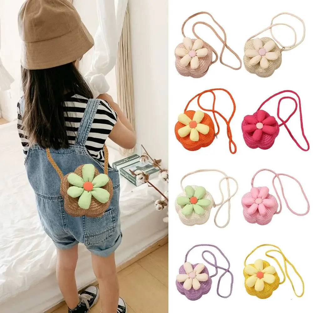 Children Flower Shape Straw Bag Girls Shoulder Summer Beach Messenger Kids Keys Coin Purse Cute Princess Mini Handbag 250605