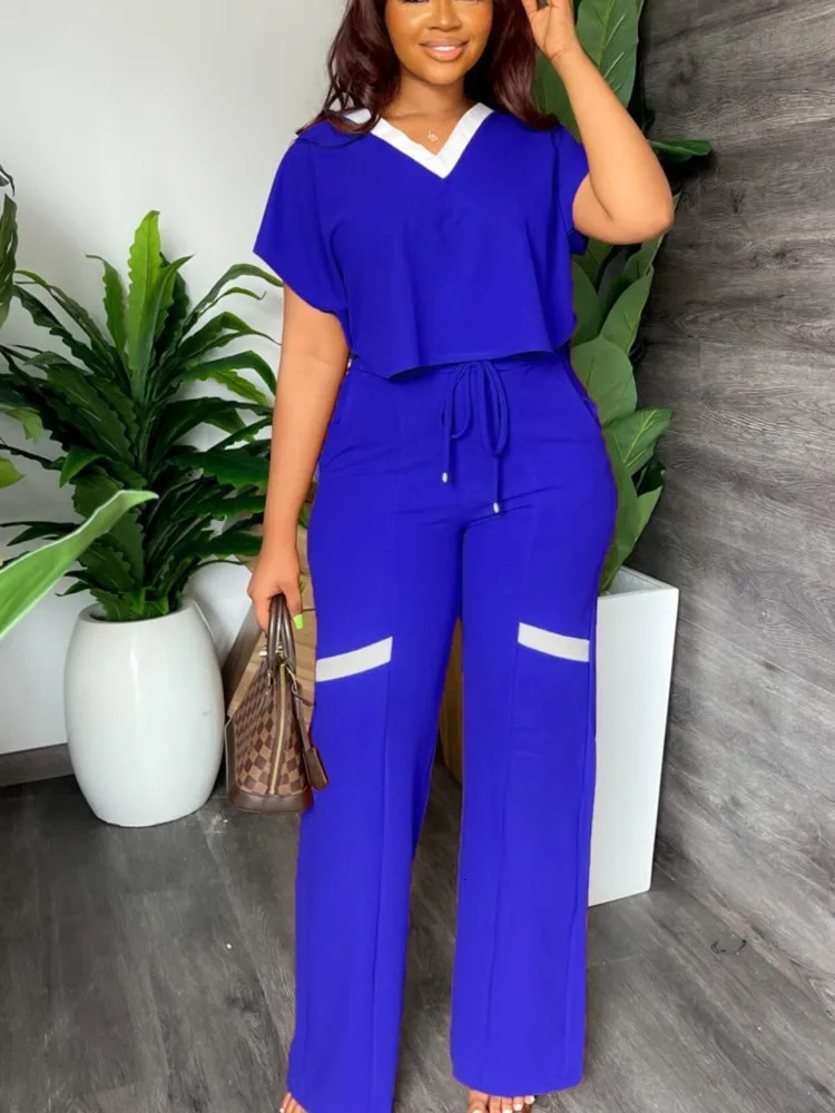 Elegant Womens Casual Short Sleeve T-shirt Sports Suit Summer Fashion Solid V Neck Short Top Straight Pants Two Piece Sets 250605